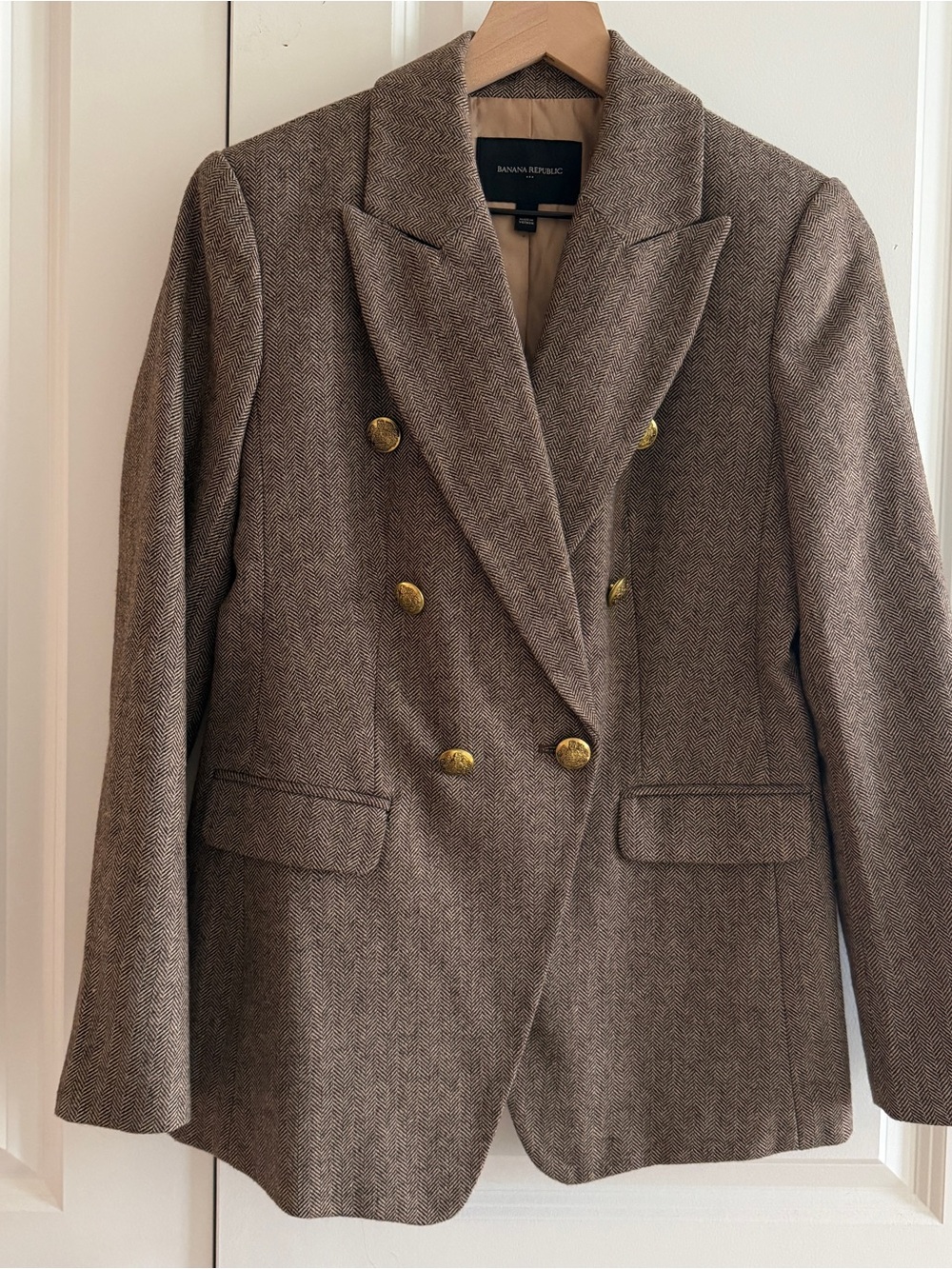 Banana Republic Brown Herringbone Double-Breasted Blazer with Gold Buttons